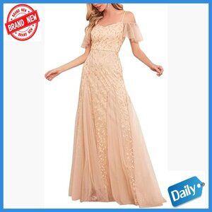 Long Formal Sequin Tulle Off Shoulder A-Line Prom Wedding Guest Dress
